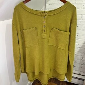 Buckle POL Olive Waffle Knit Henley Top Small Oversized Fit & Metallic Buttons